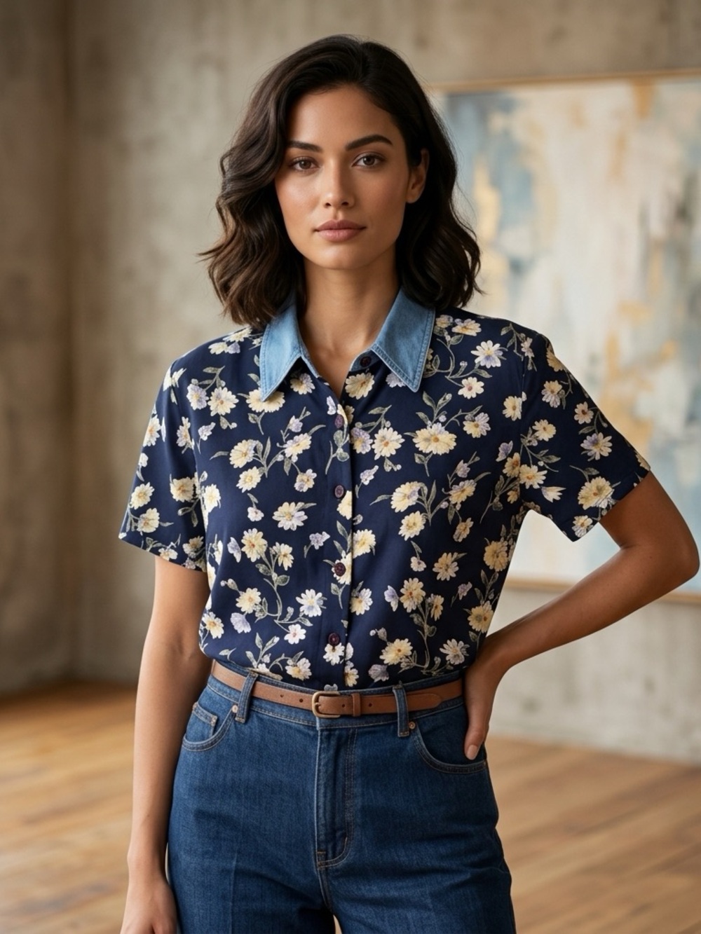 Vintage 90s Twee DCC Daisy Floral Button Up Shirt S Contrast Denim Collar Y2K